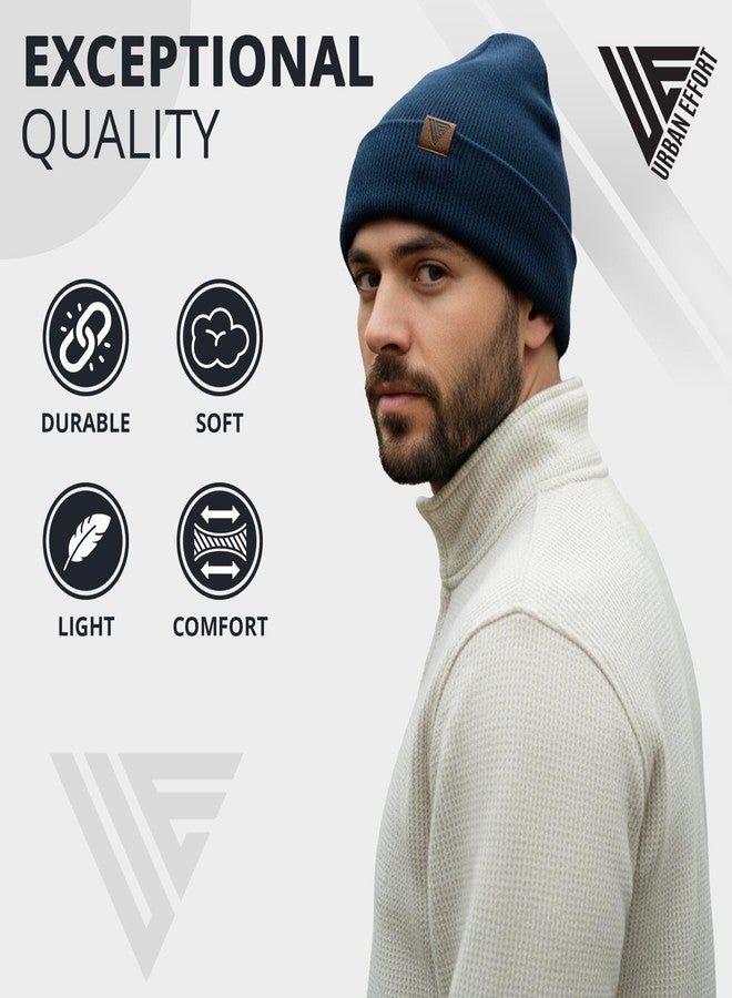 Urban Effort Unisex Knit Beanie - Warm Acrylic Cuffed Winter Hat for Men & Women, Soft Stretch Fit, Classic Streetwear Style (Navy Blue) - Image 3
